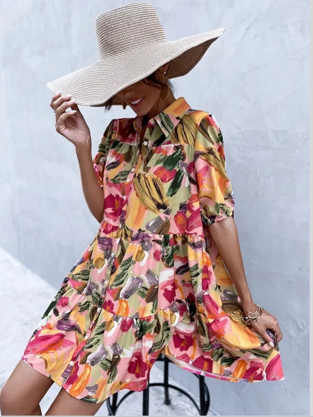 SHEIN Pink Yellow Green Floral Mini Dress